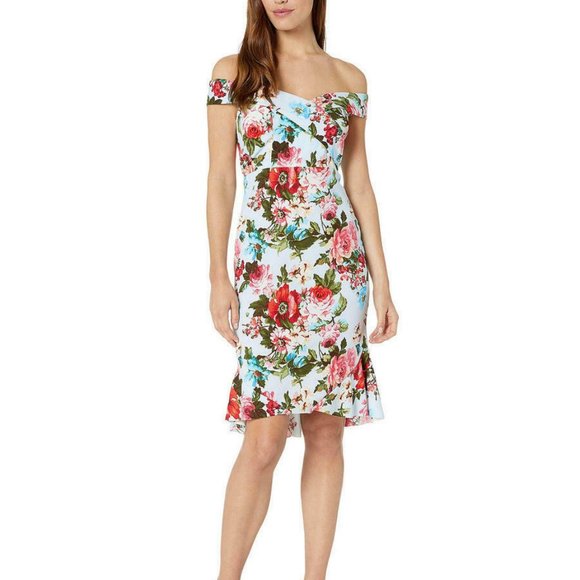 Bebe Off The Shoulder Floral Print rubble Hem Dress.  SZ 12 - Picture 1 of 4
